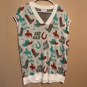 Trendy Western Print Sweater Vest - White, Brown, Turquoise